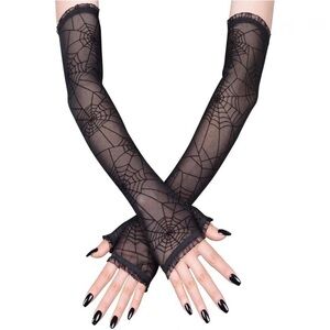 NWOT GOTHIC ACCESSORY FLOCKED SPIDER WEB PRINT SHEER BLACK FINGERLESS GLOVES